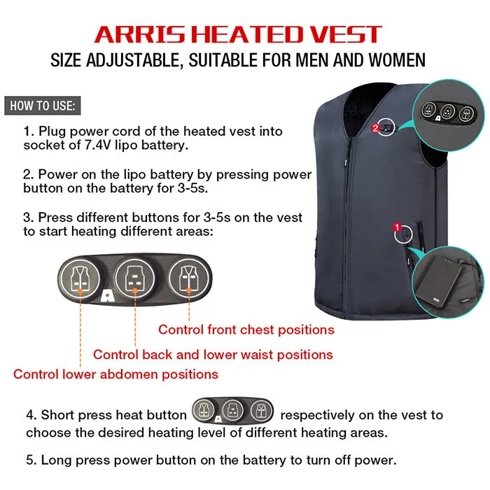 ARRIS Heated Vest Size Adjustable 7.4V Battery Electric Warm Vest for Hiking Camping