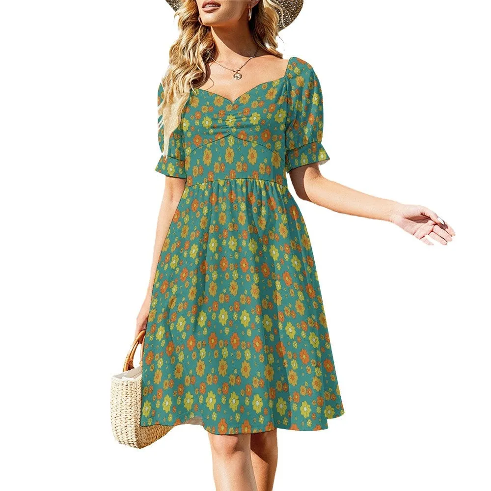 Babydoll dress, Teal Dress, Floral Dress, Retro Dress Women, Pinup dress, 50s style dress, Vintage style dress, Puff sleeve dress