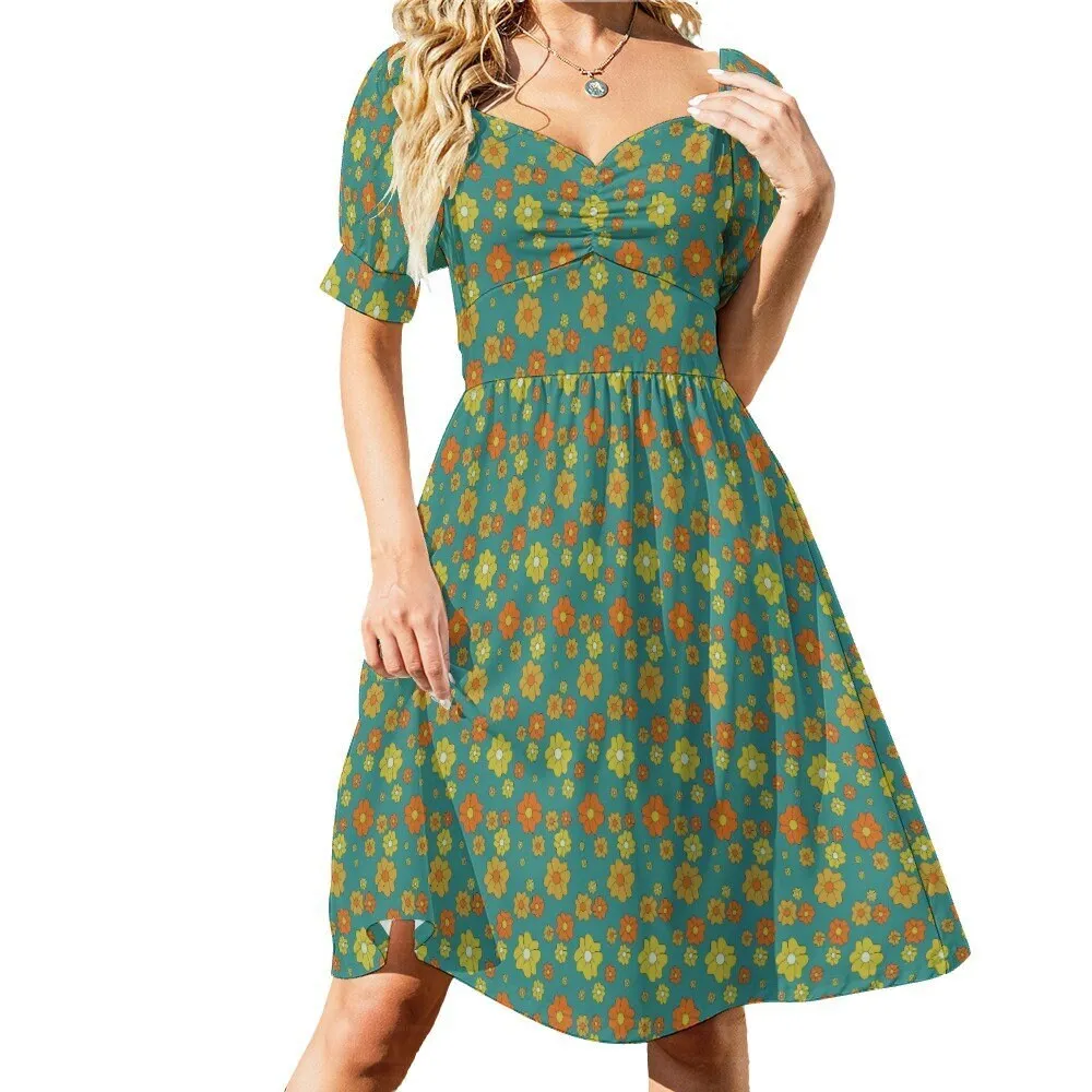 Babydoll dress, Teal Dress, Floral Dress, Retro Dress Women, Pinup dress, 50s style dress, Vintage style dress, Puff sleeve dress