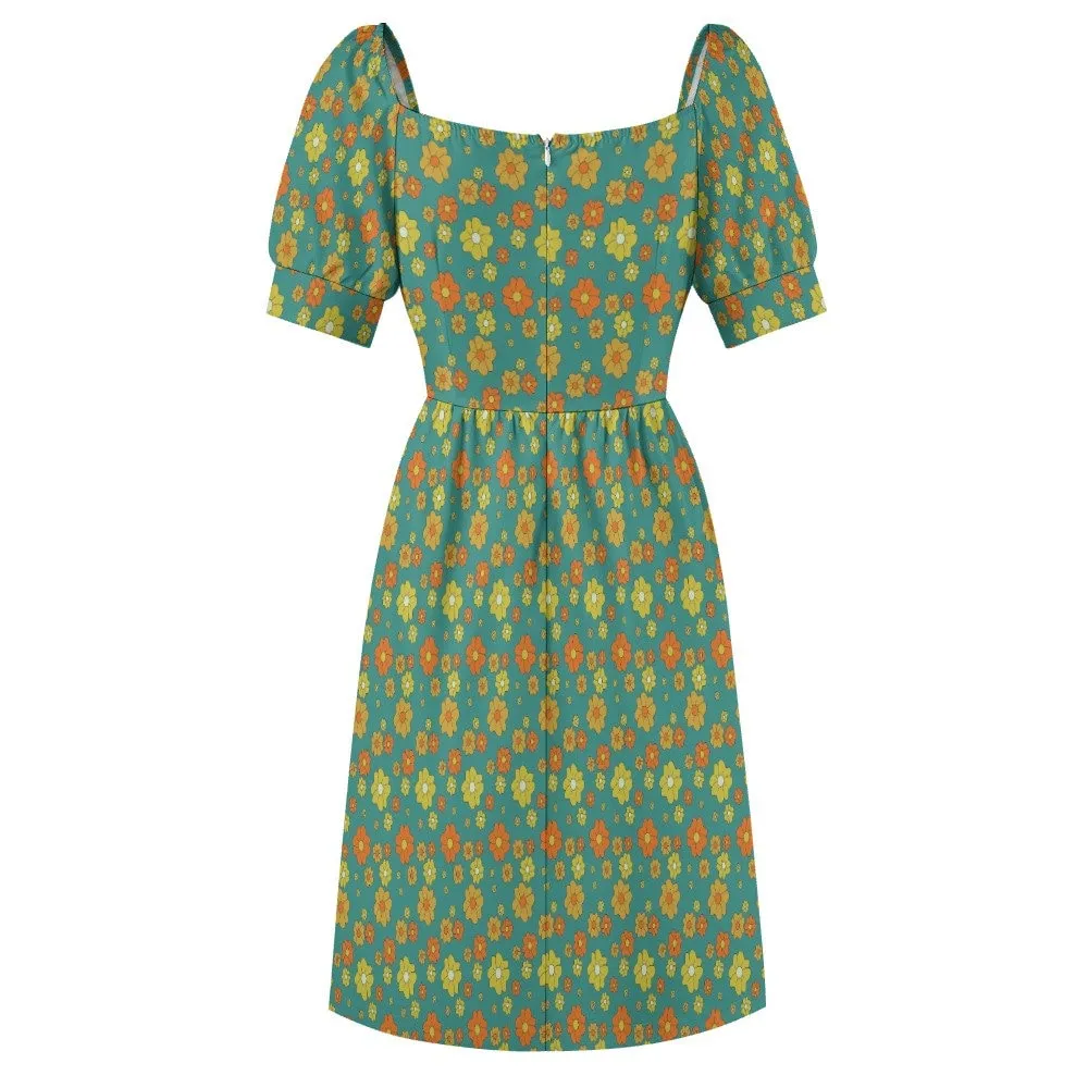 Babydoll dress, Teal Dress, Floral Dress, Retro Dress Women, Pinup dress, 50s style dress, Vintage style dress, Puff sleeve dress