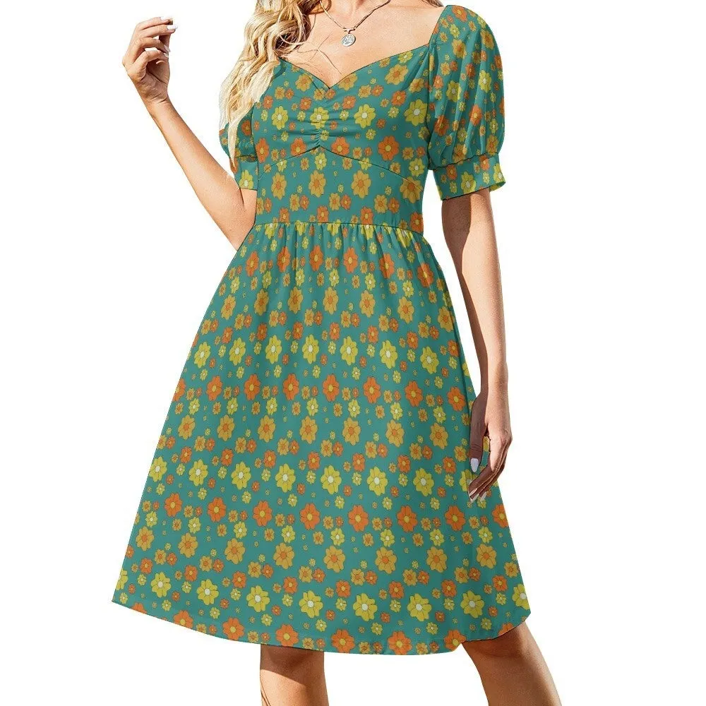 Babydoll dress, Teal Dress, Floral Dress, Retro Dress Women, Pinup dress, 50s style dress, Vintage style dress, Puff sleeve dress