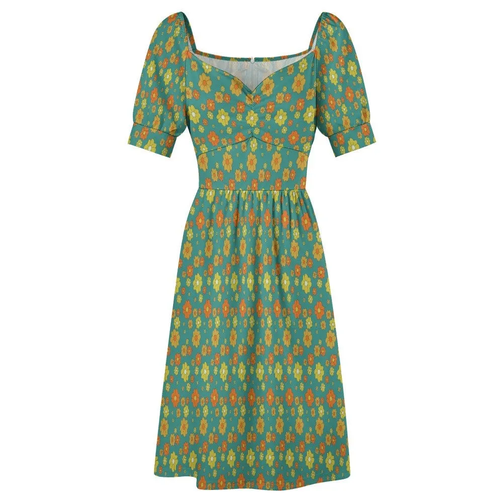 Babydoll dress, Teal Dress, Floral Dress, Retro Dress Women, Pinup dress, 50s style dress, Vintage style dress, Puff sleeve dress