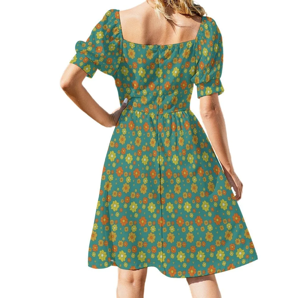 Babydoll dress, Teal Dress, Floral Dress, Retro Dress Women, Pinup dress, 50s style dress, Vintage style dress, Puff sleeve dress
