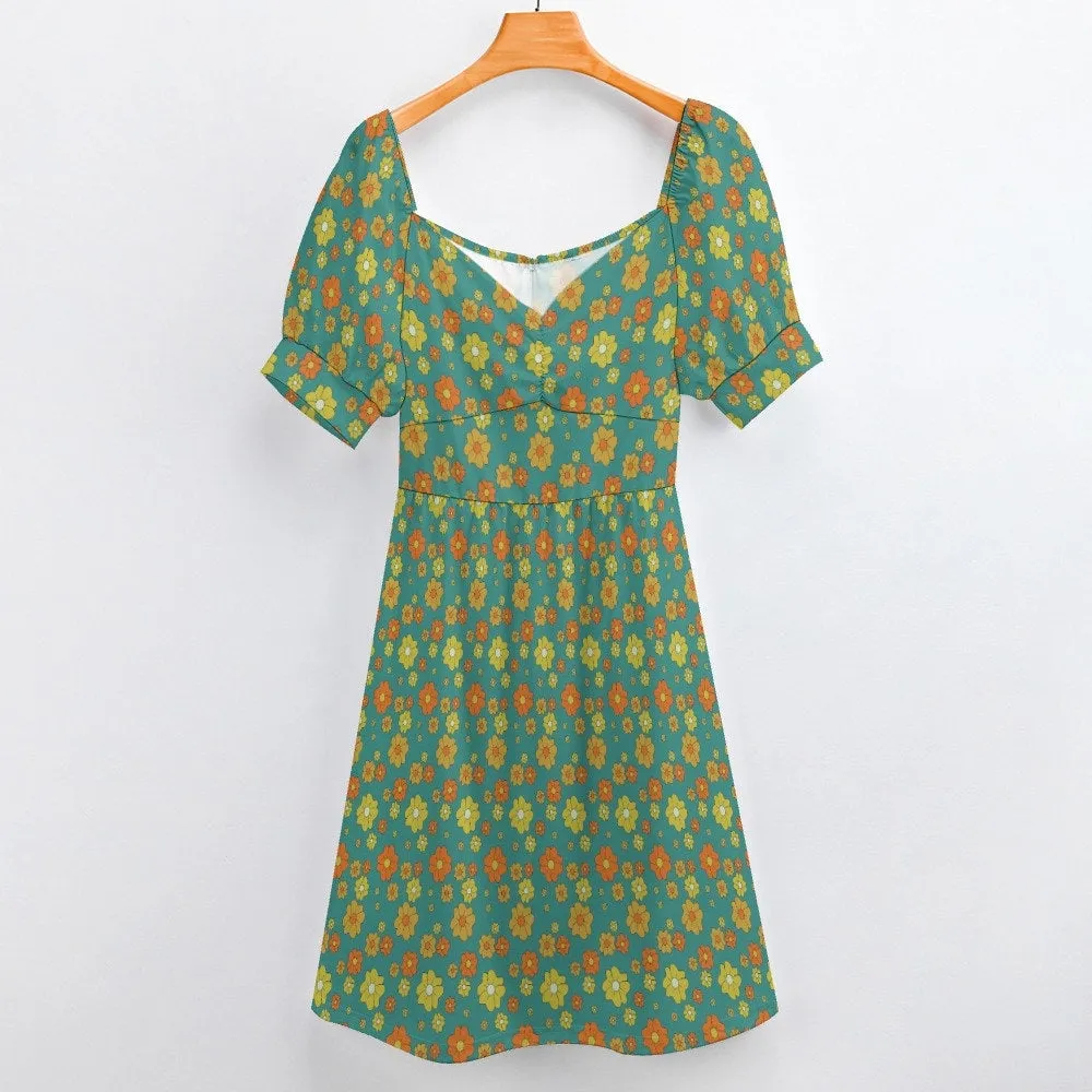 Babydoll dress, Teal Dress, Floral Dress, Retro Dress Women, Pinup dress, 50s style dress, Vintage style dress, Puff sleeve dress