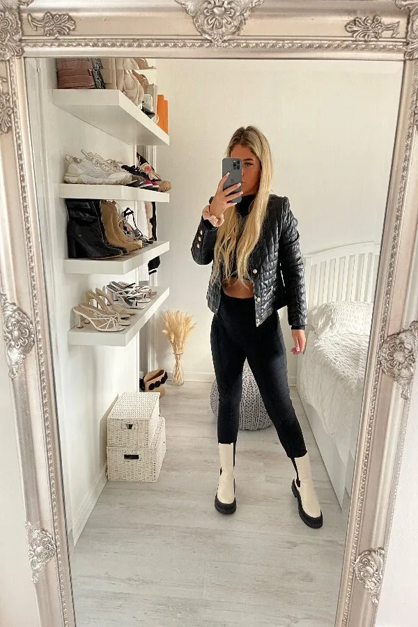 BLACK MATT FAUX LEATHER QUILTED CLASSIC BIKER JACKET