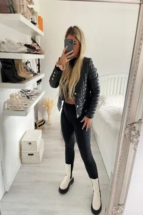 BLACK MATT FAUX LEATHER QUILTED CLASSIC BIKER JACKET