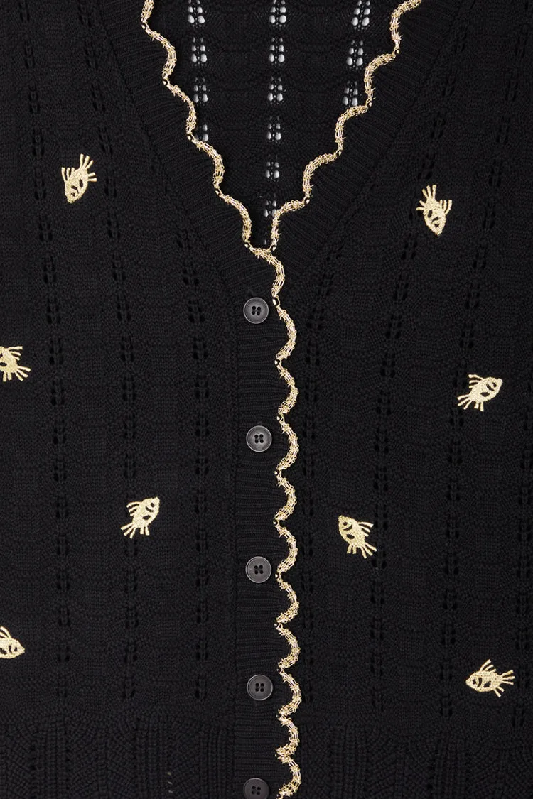 Black Pointelle Knit Cardigan With Gold Fish
