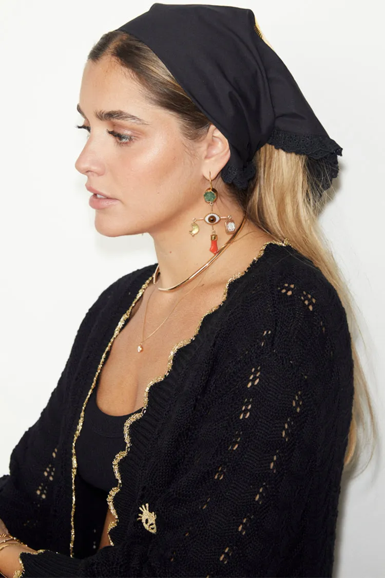 Black Pointelle Knit Cardigan With Gold Fish