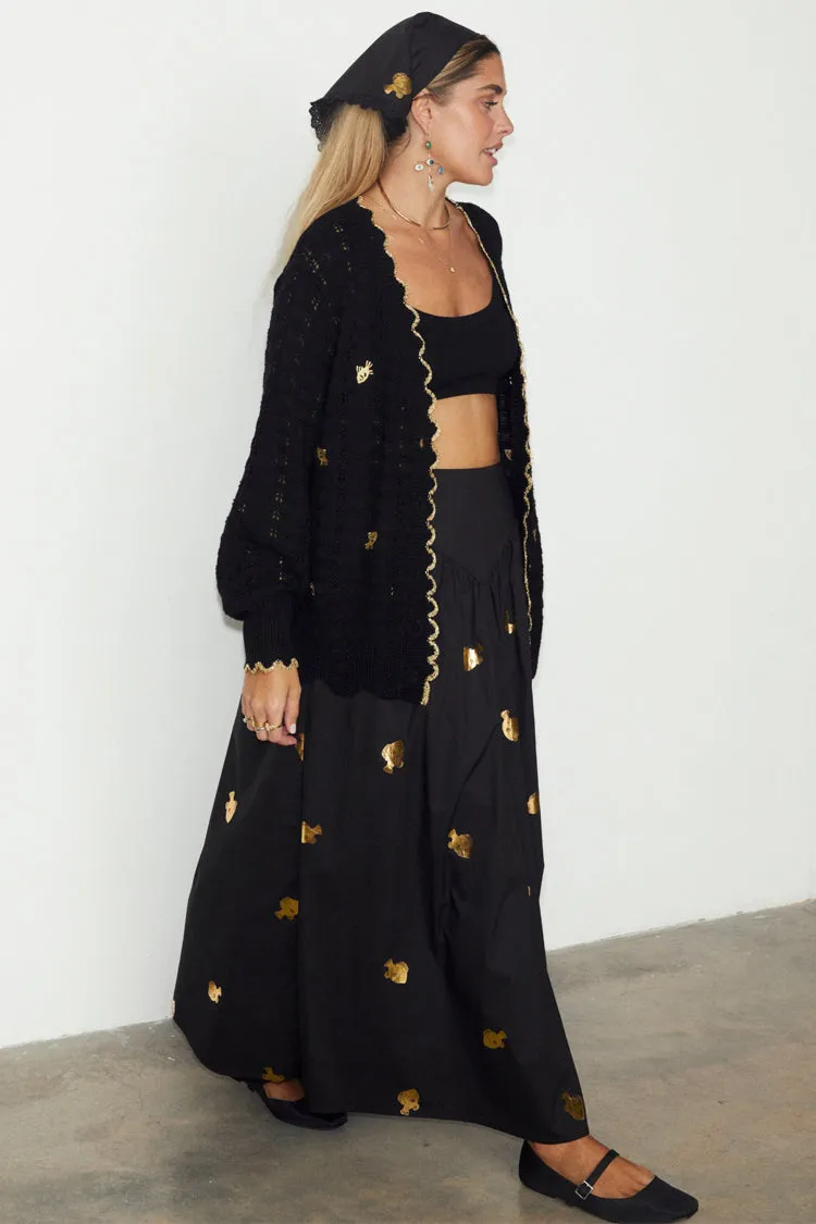 Black Pointelle Knit Cardigan With Gold Fish