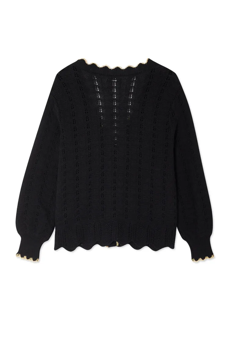 Black Pointelle Knit Cardigan With Gold Fish