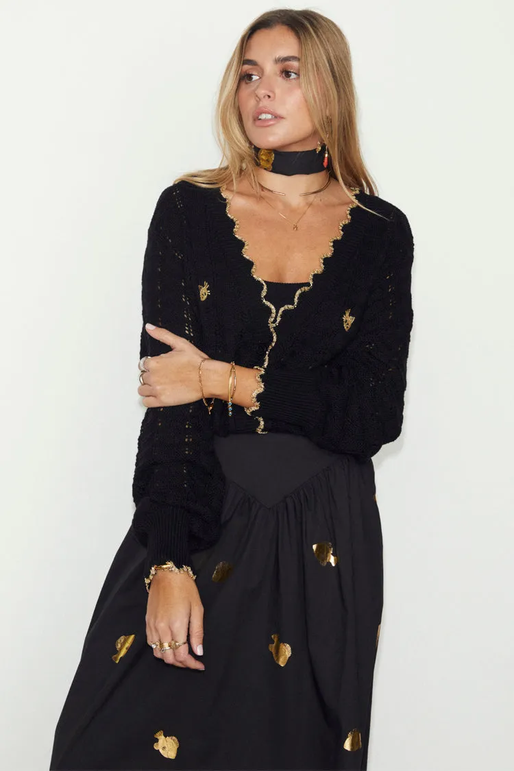 Black Pointelle Knit Cardigan With Gold Fish