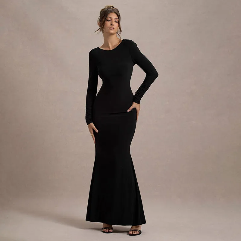 Black Sexy Backless Bow Long Sleeve Narrow Maxi Dress