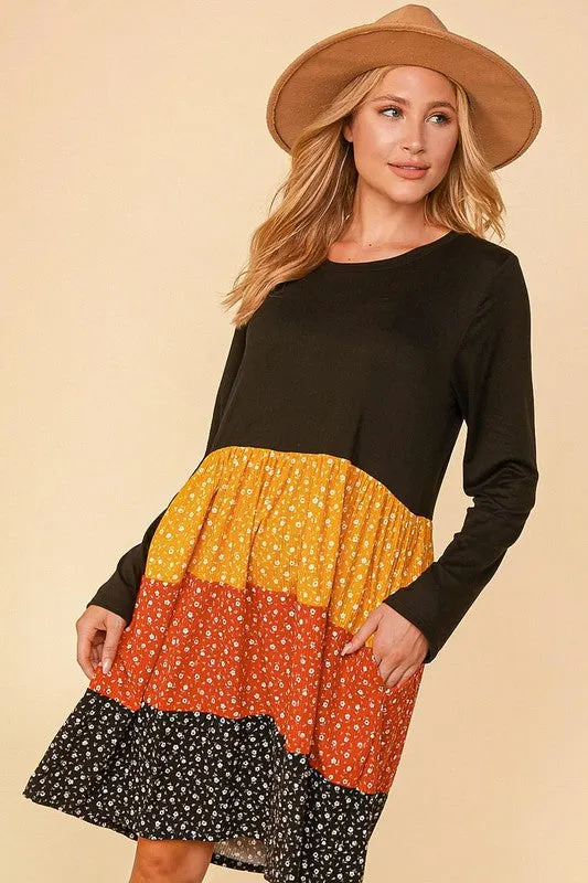 Black/Mustard/Rust Plus Floral Color Block Tiered Babydoll Dress