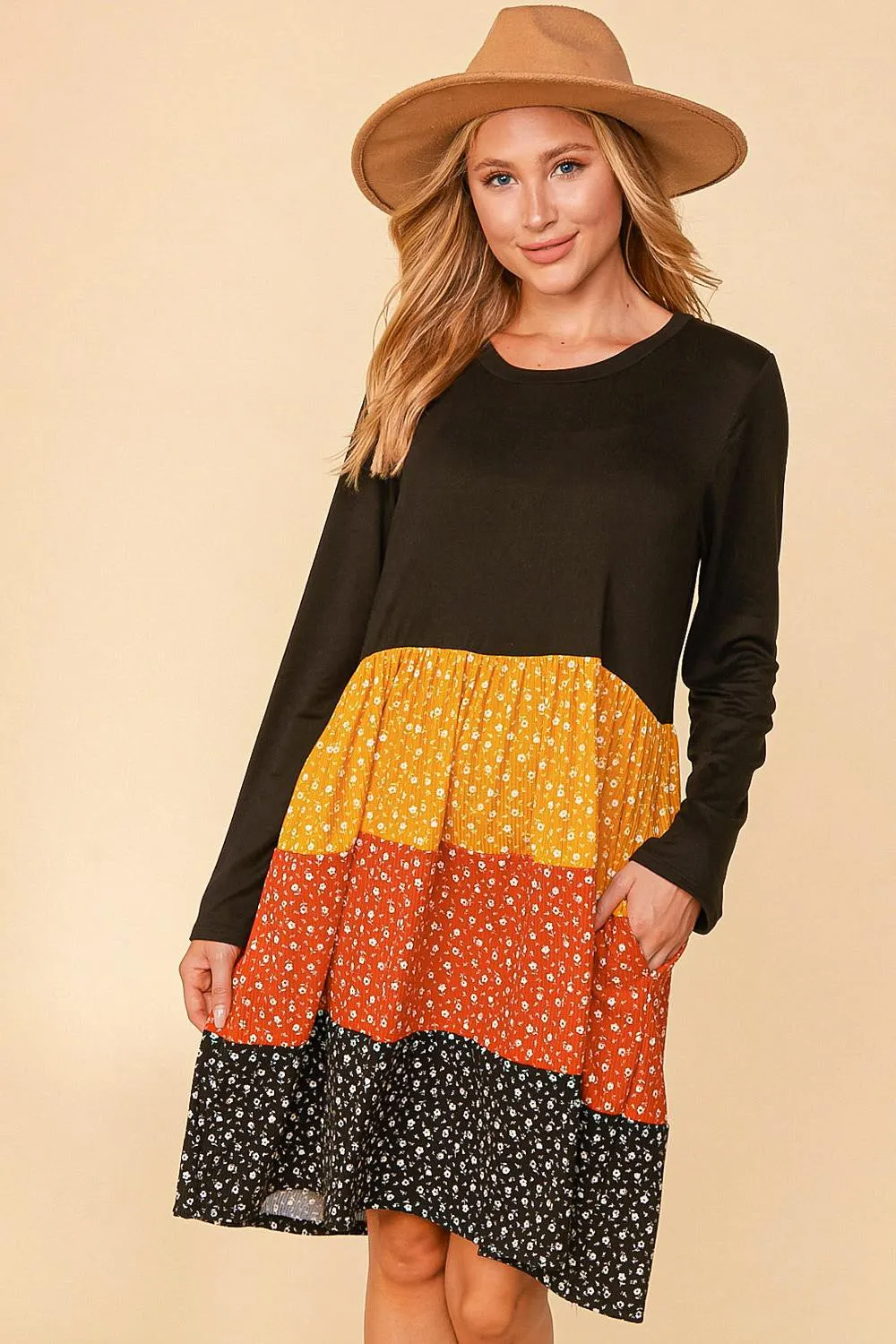 Black/Mustard/Rust Plus Floral Color Block Tiered Babydoll Dress