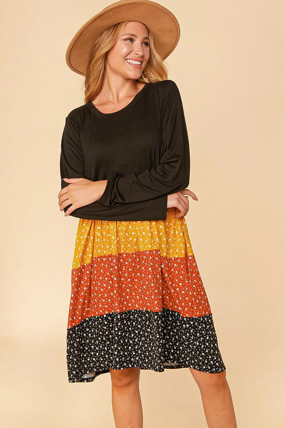 Black/Mustard/Rust Plus Floral Color Block Tiered Babydoll Dress