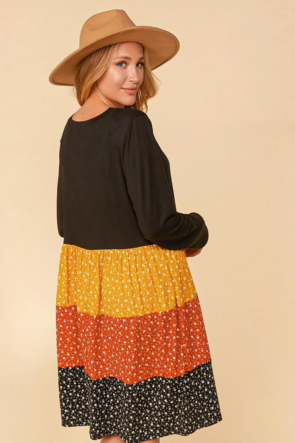 Black/Mustard/Rust Plus Floral Color Block Tiered Babydoll Dress