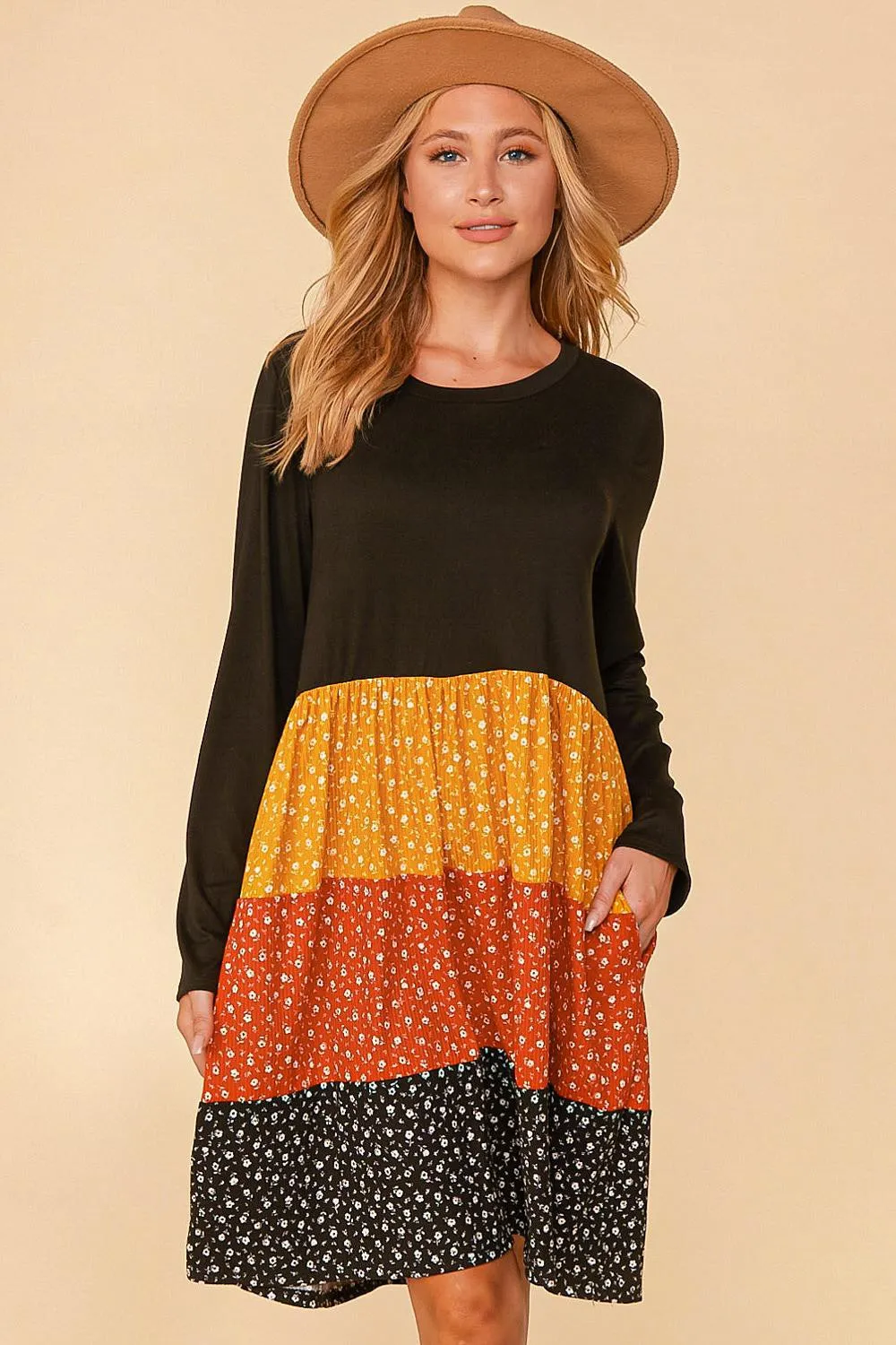 Black/Mustard/Rust Plus Floral Color Block Tiered Babydoll Dress