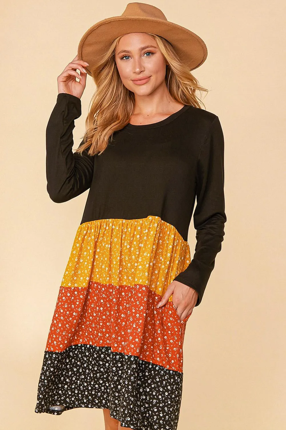 Black/Mustard/Rust Plus Floral Color Block Tiered Babydoll Dress