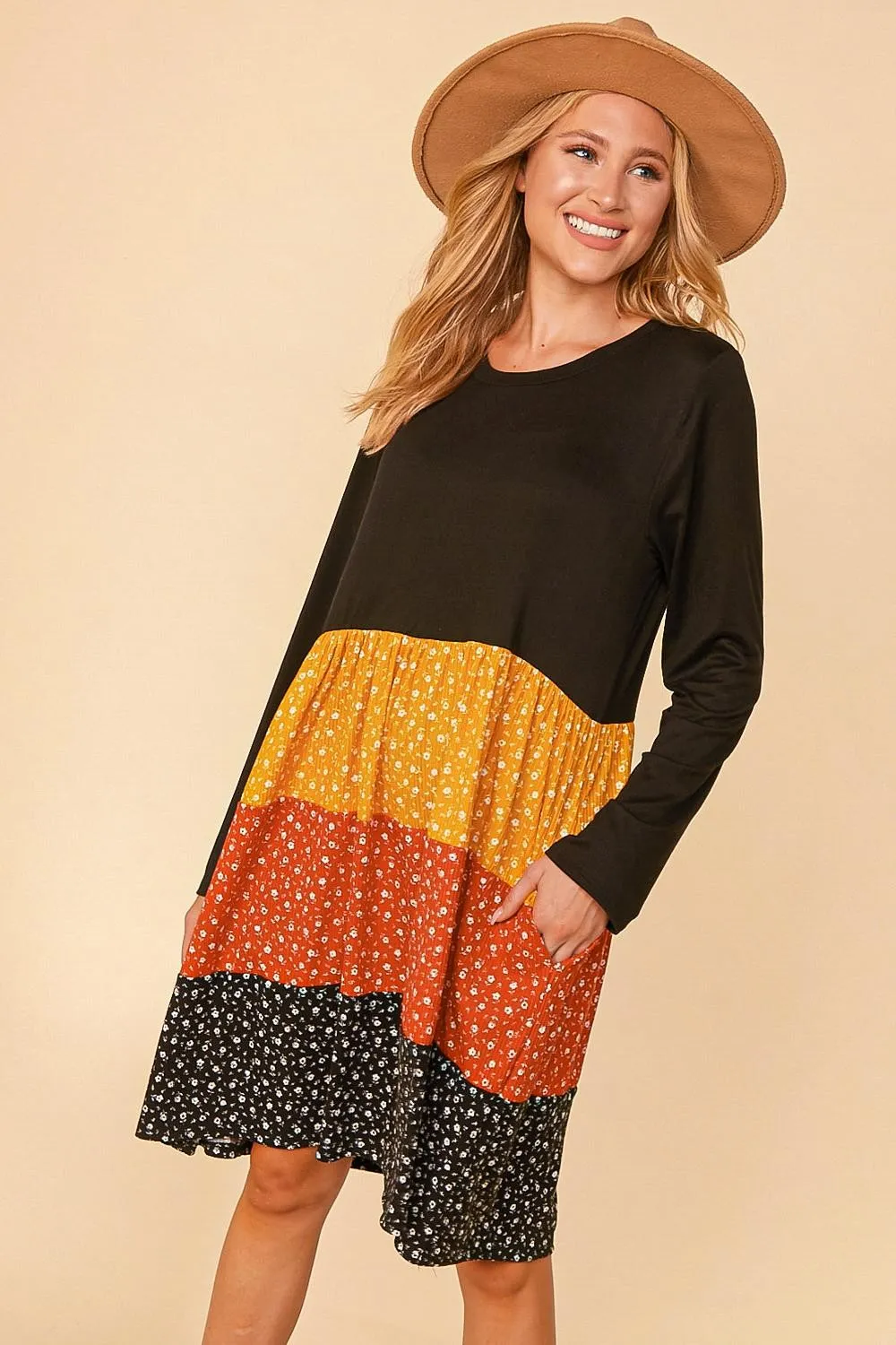 Black/Mustard/Rust Plus Floral Color Block Tiered Babydoll Dress