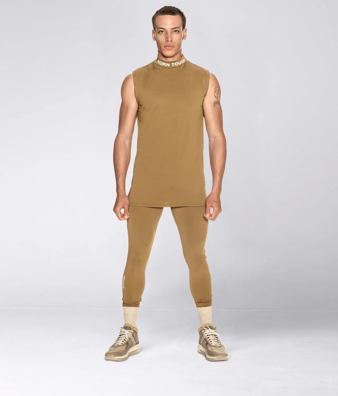 Born Tough Mock Neck Sleeveless Base Layer Bodybuilding Shirt For Men Khaki