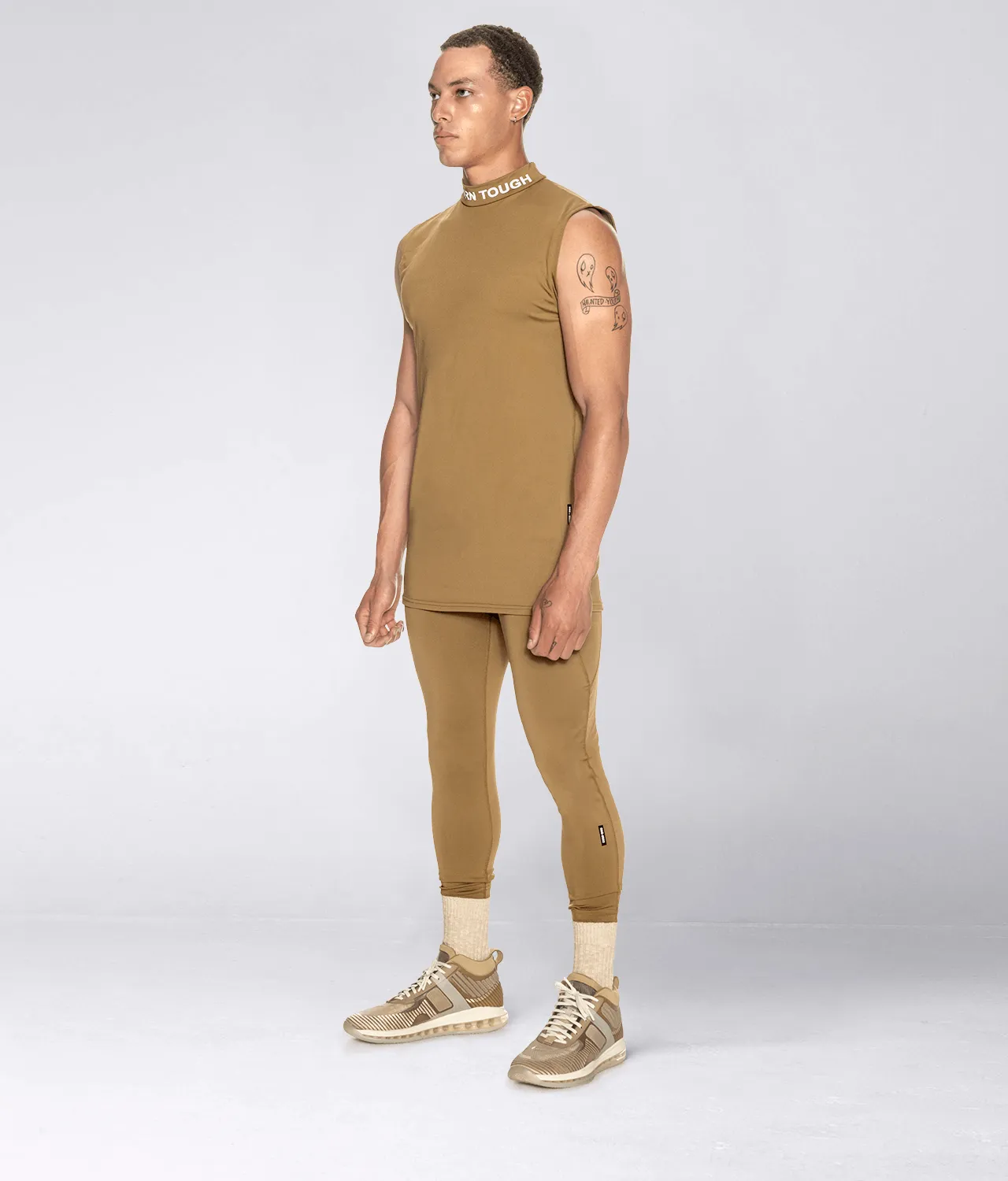 Born Tough Mock Neck Sleeveless Base Layer Bodybuilding Shirt For Men Khaki