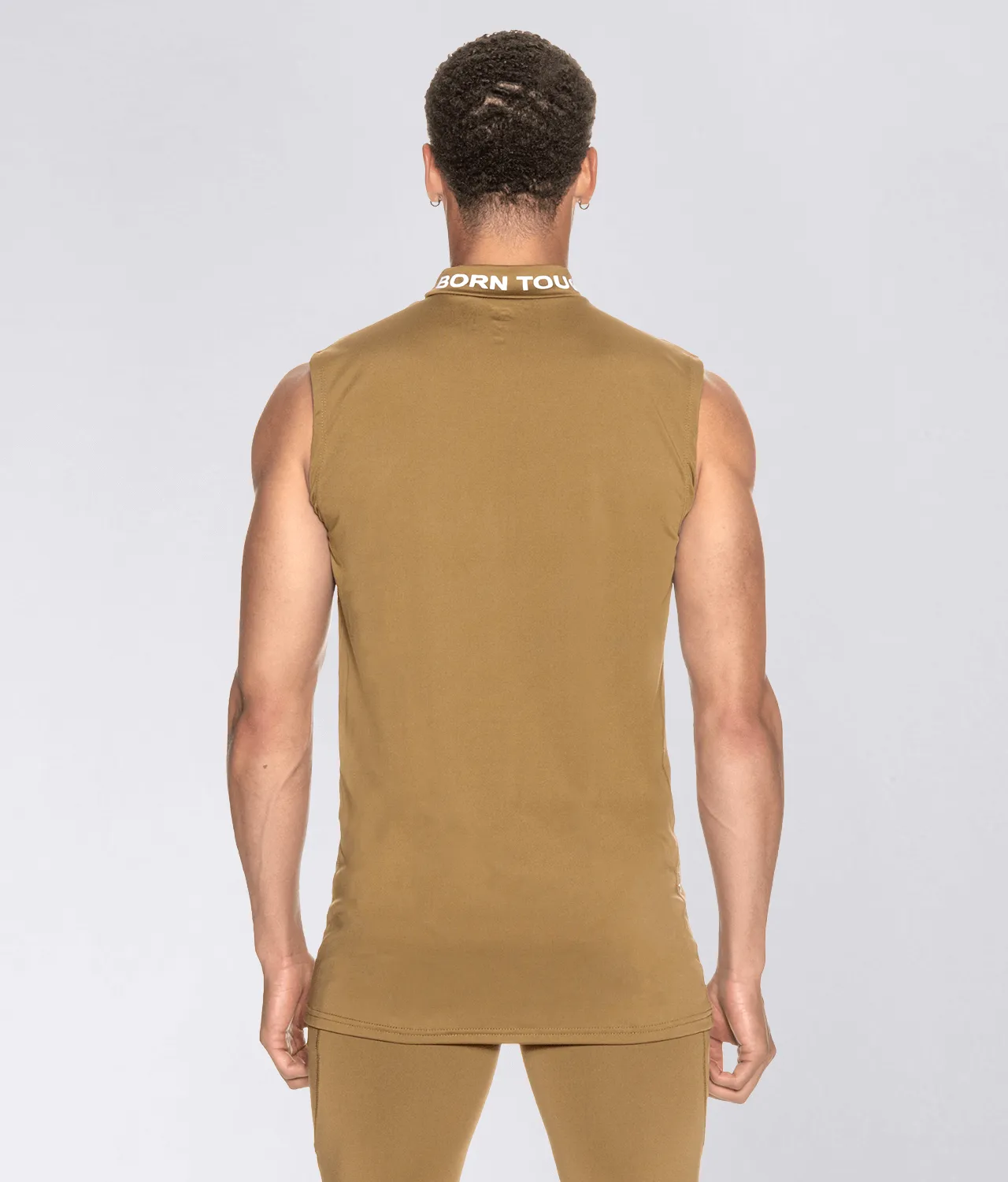 Born Tough Mock Neck Sleeveless Base Layer Bodybuilding Shirt For Men Khaki