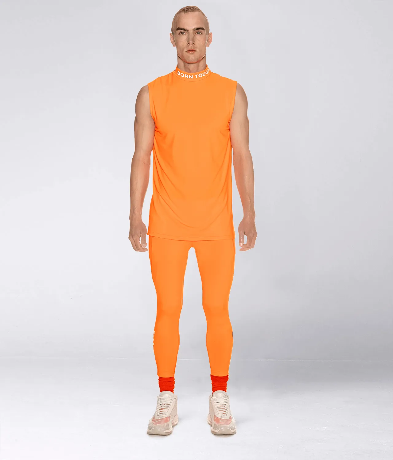 Born Tough Mock Neck Sleeveless Base Layer Crossfit Shirt For Men Orange
