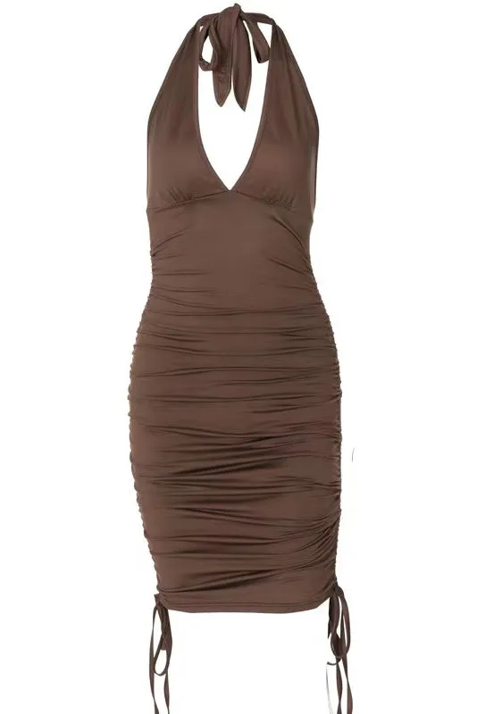 Brown Solid Halter Bodycon Runched Drawstring Midi Dress