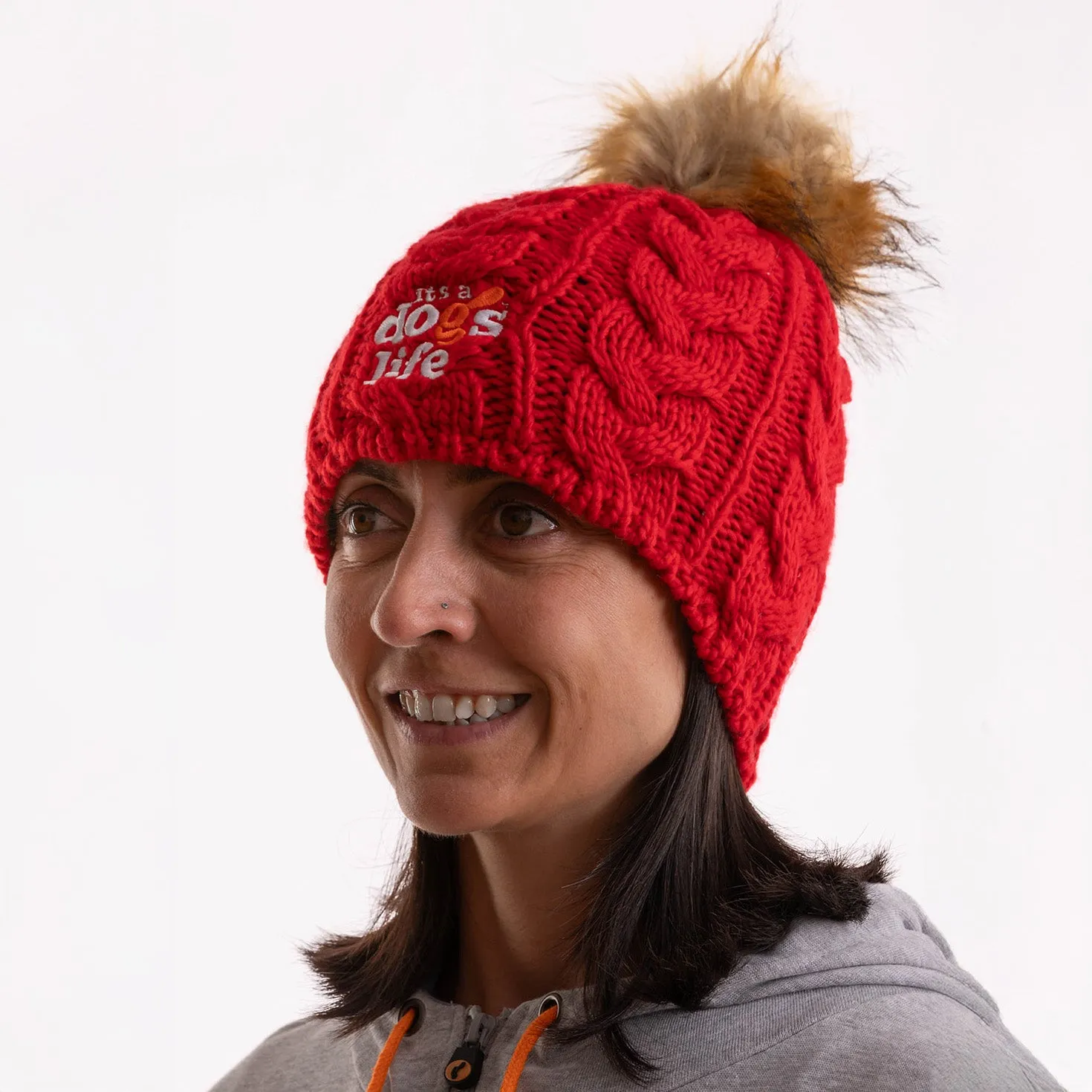Cable Knit  Beanie with Faux Fur Pom - Classic Red