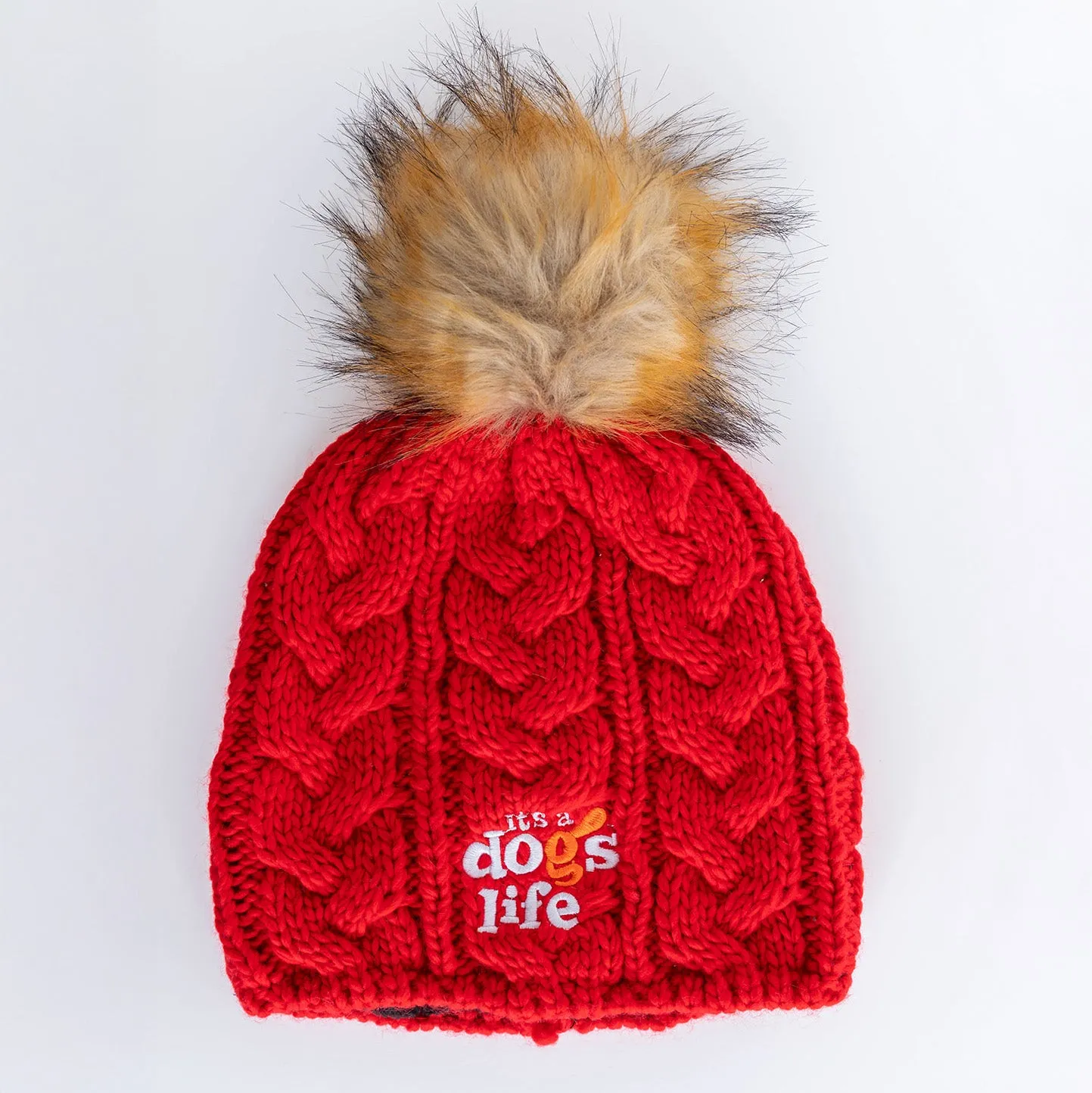 Cable Knit  Beanie with Faux Fur Pom - Classic Red
