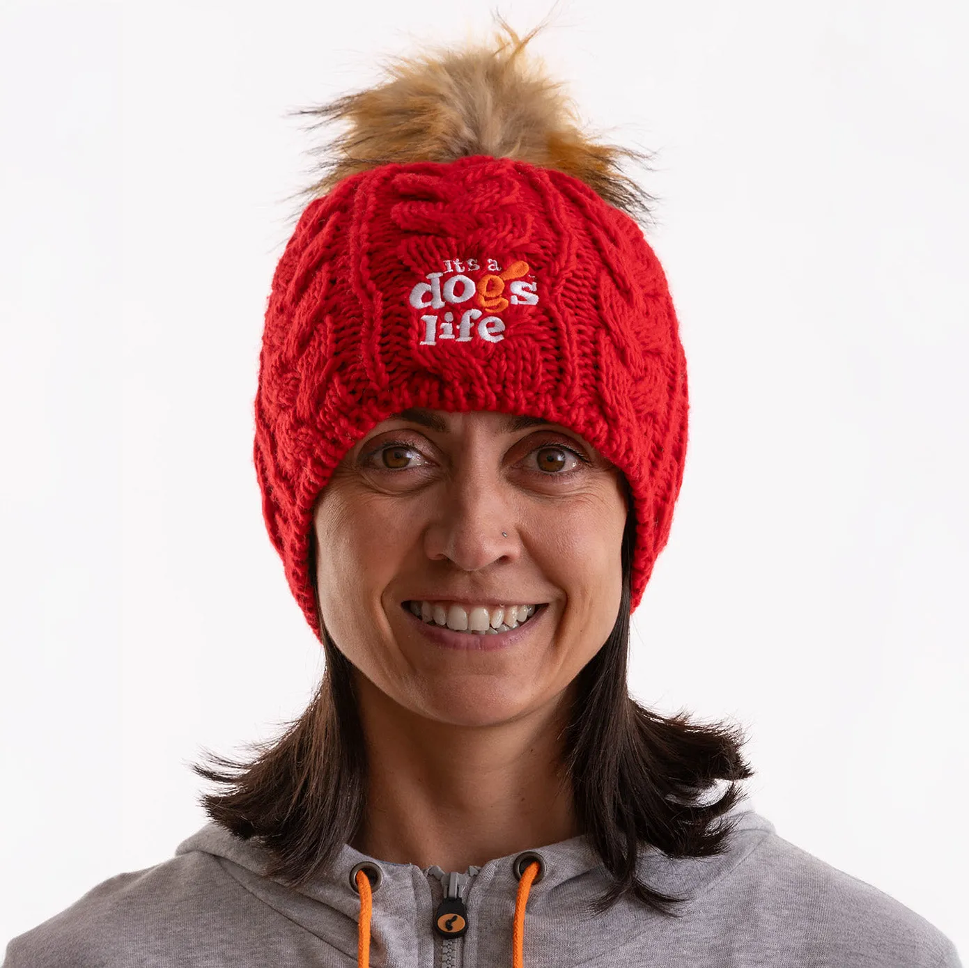 Cable Knit  Beanie with Faux Fur Pom - Classic Red