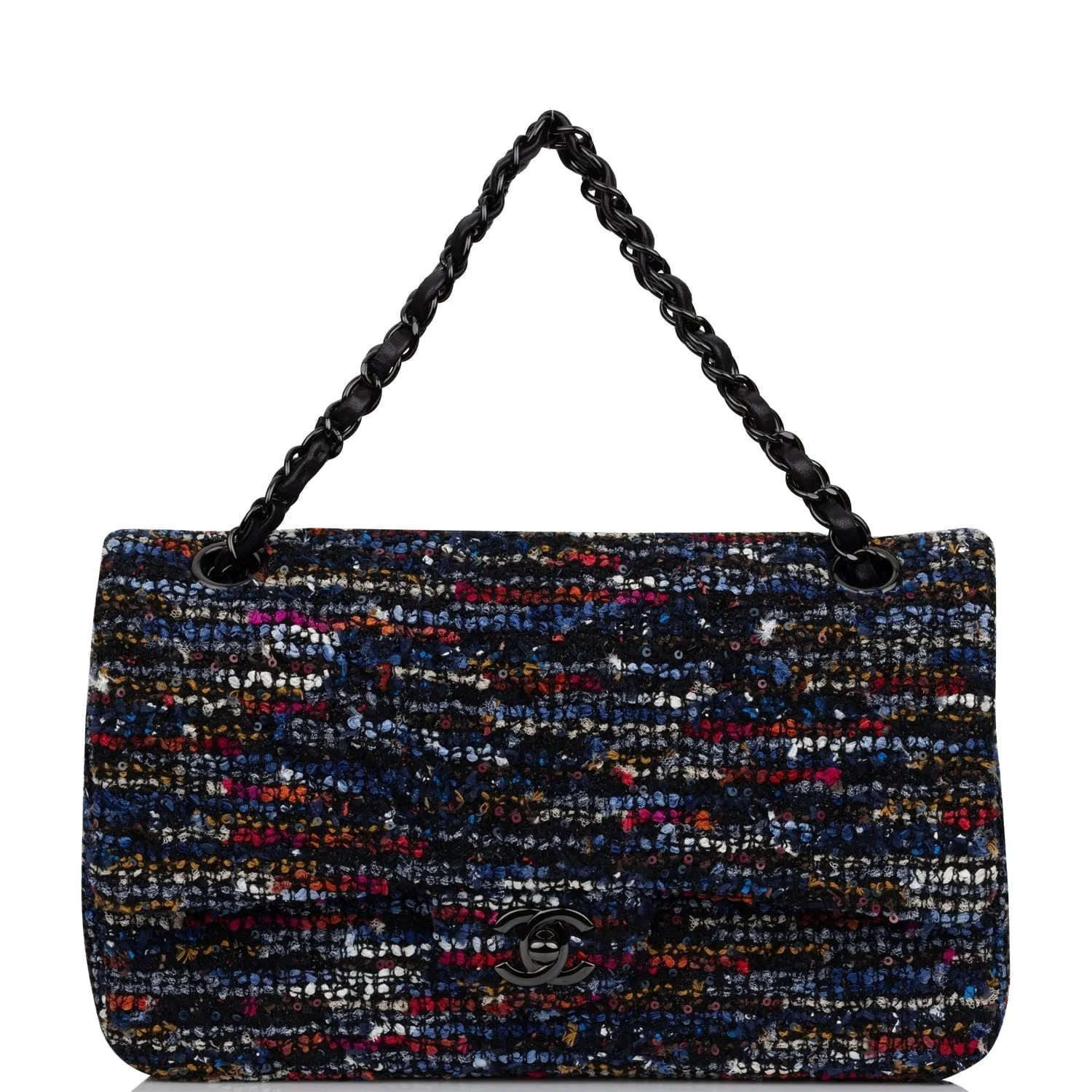 Chanel Medium Classic Double Flap Bag Navy Tweed Black Hardware