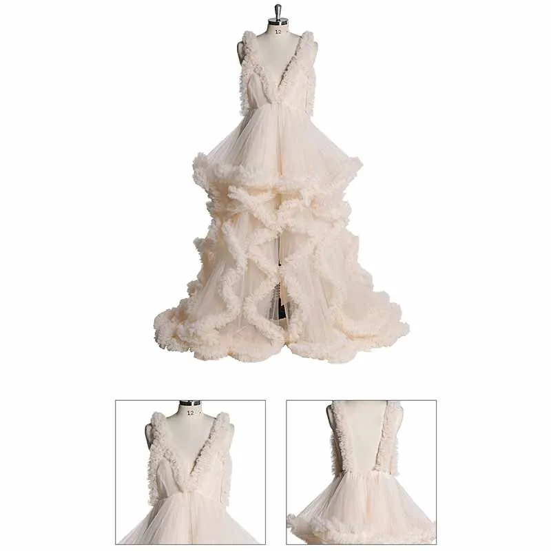 Deep V Neck Flare Ruffles Tulle Robe Maternity Gown for Photo Shoot Off Shoulder Gown