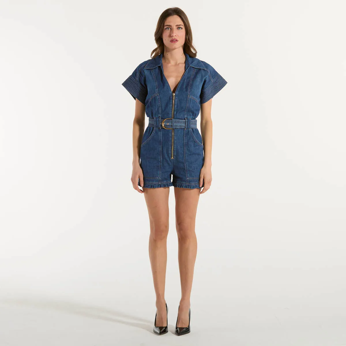 Elisabetta Franchi tuta in denim corta con cintura