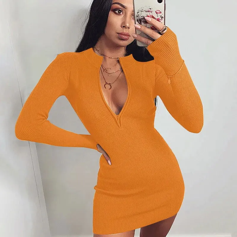 Flirtatious Deep V-neck Ribbed Bodycon Dresses
