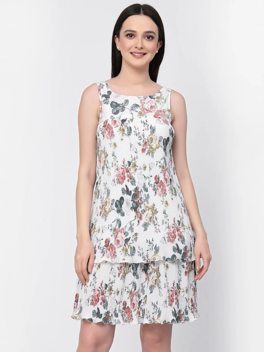 Floral Pleated Double Layer Dress