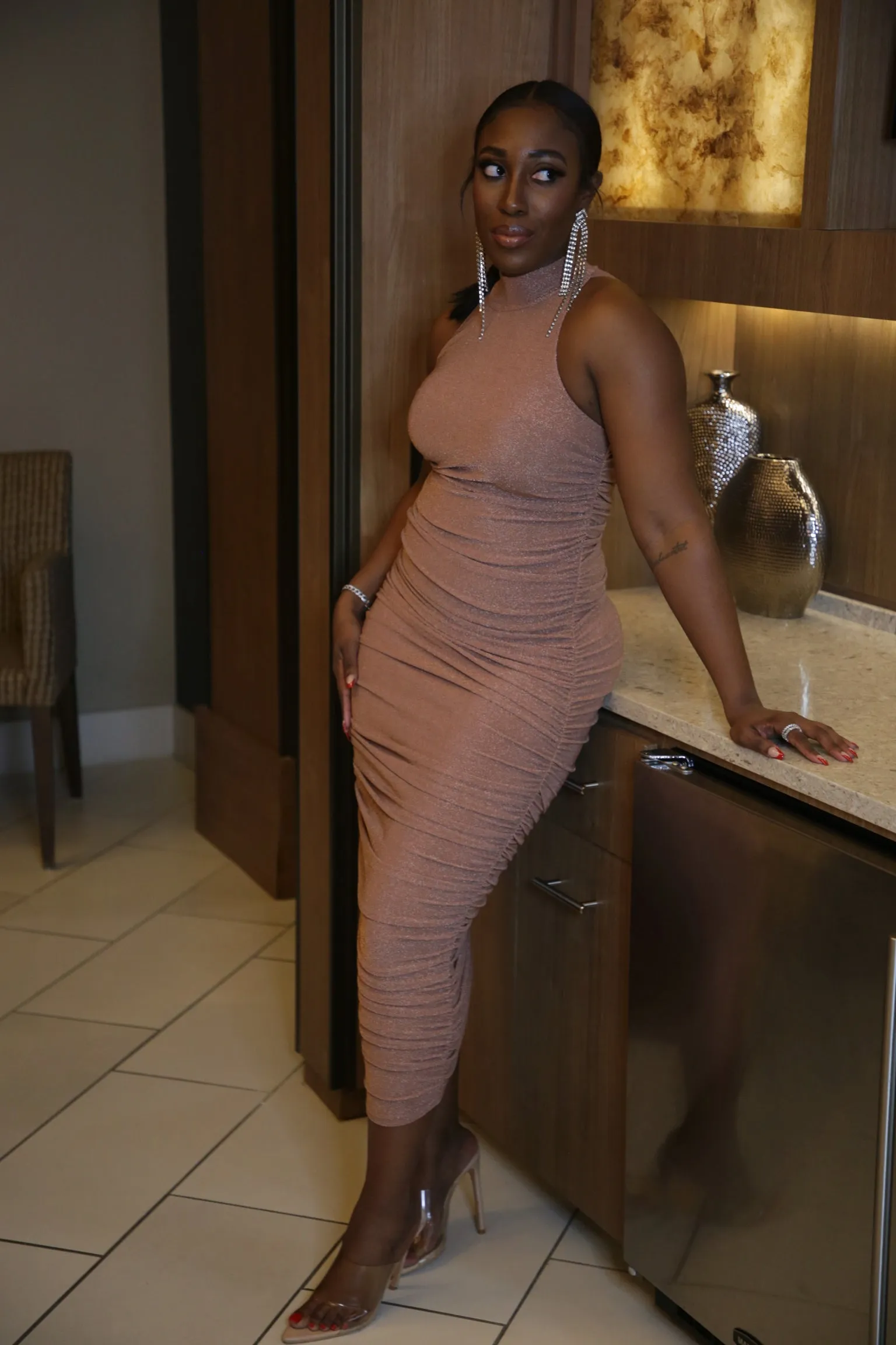 Glow For It | High Neck Ruched Shimmer Dress