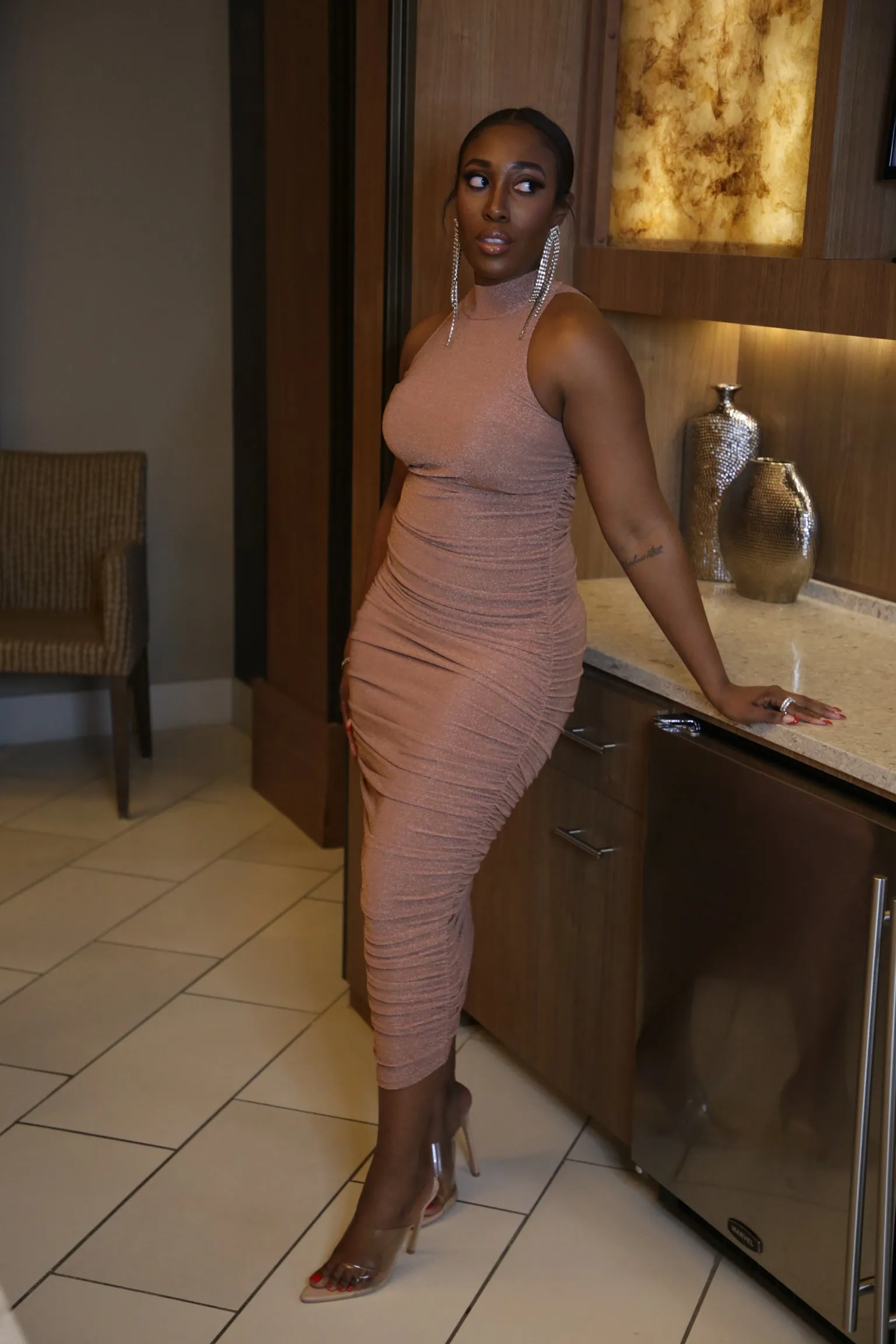 Glow For It | High Neck Ruched Shimmer Dress