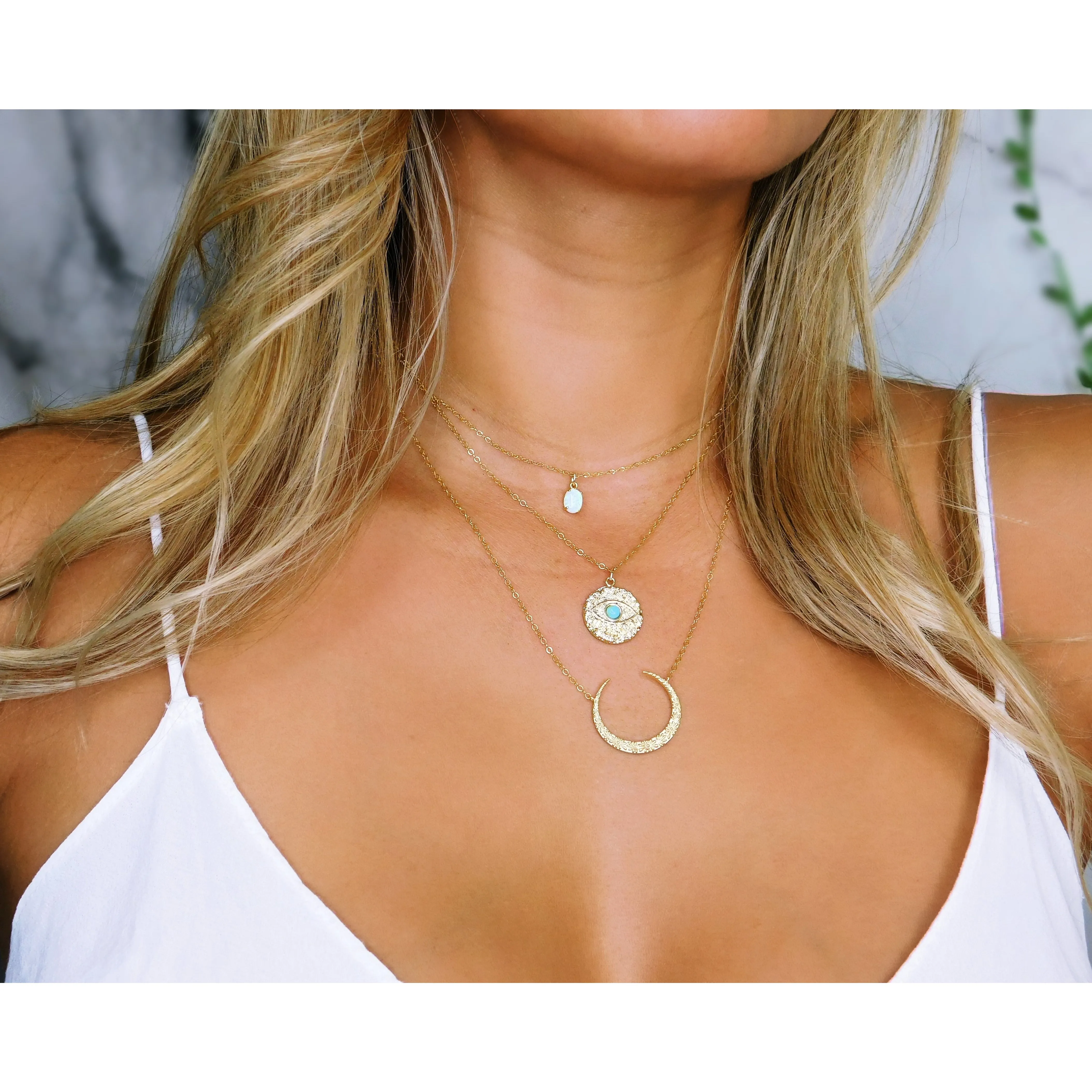 Gold Blooming Moon Charm Necklace