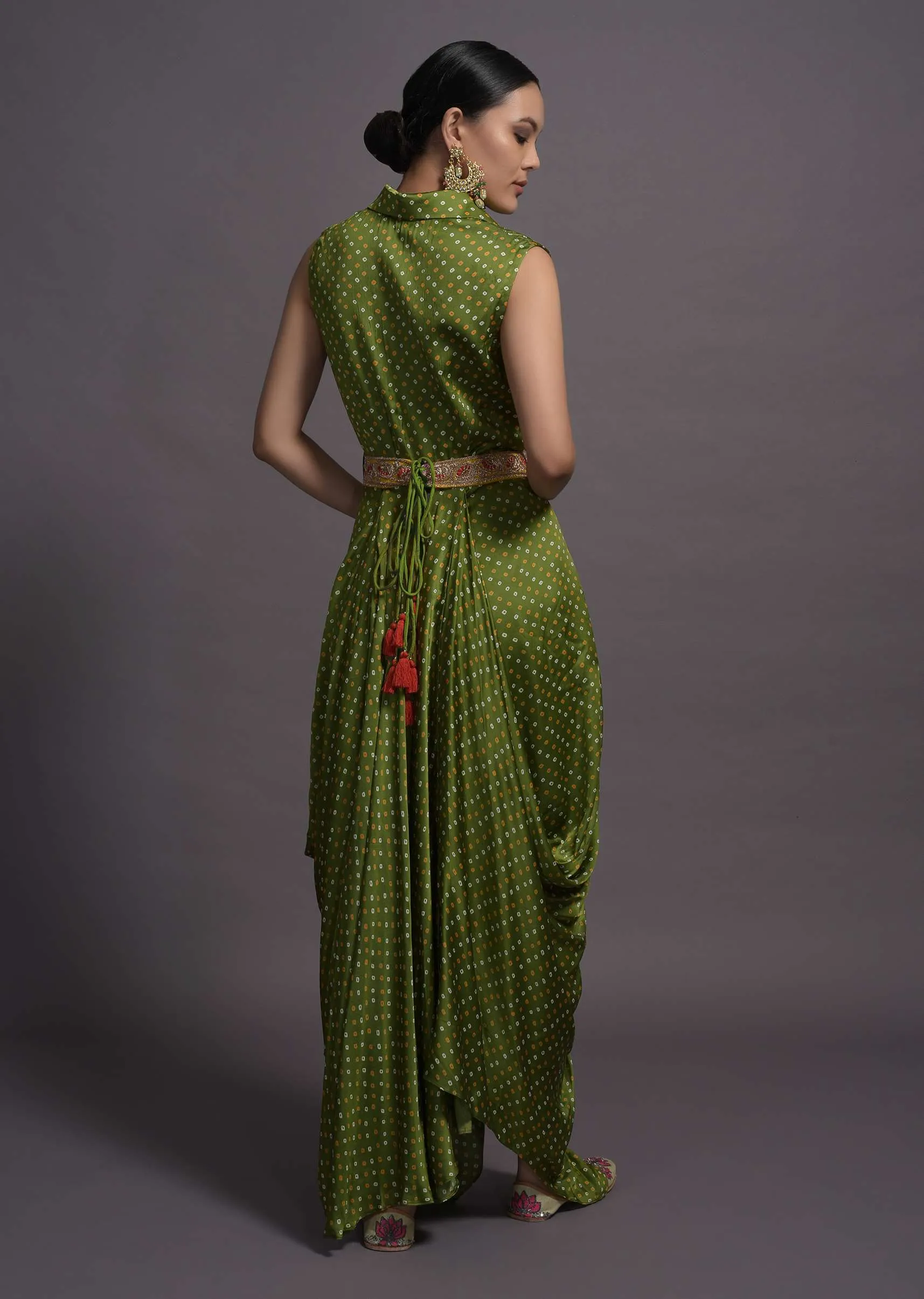 Green Satin Silk Cowl Dress With Bandhani Print
