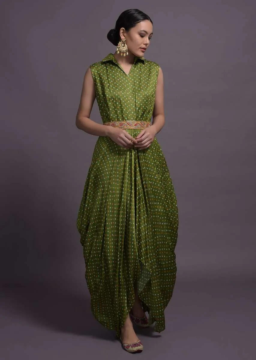 Green Satin Silk Cowl Dress With Bandhani Print