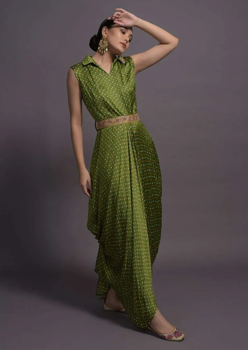 Green Satin Silk Cowl Dress With Bandhani Print
