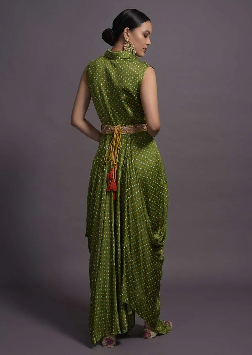 Green Satin Silk Cowl Dress With Bandhani Print