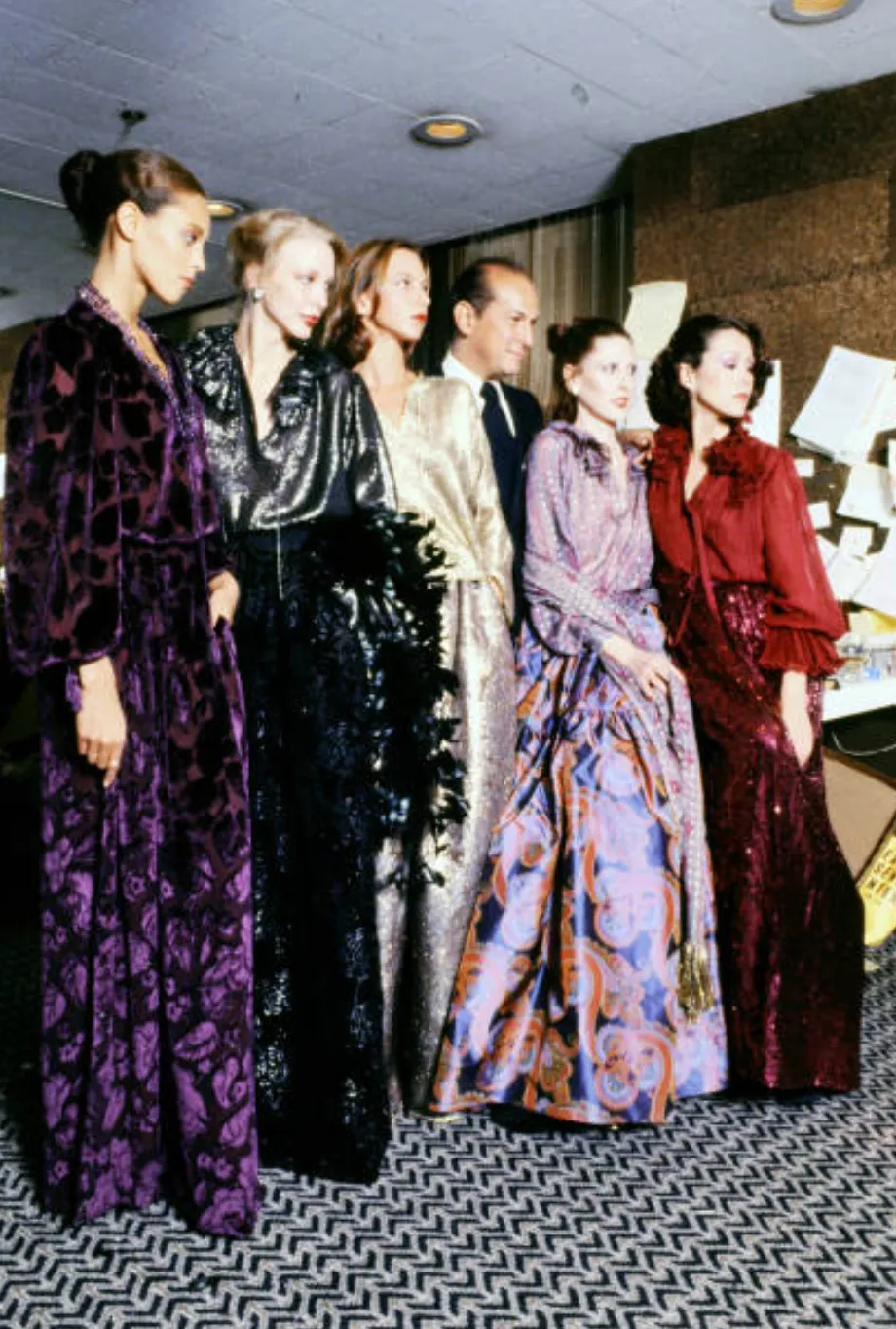 Incredible Fall 1977 Oscar de la Renta Runway Deep Burgundy Metallic Velvet Silk Dress Set