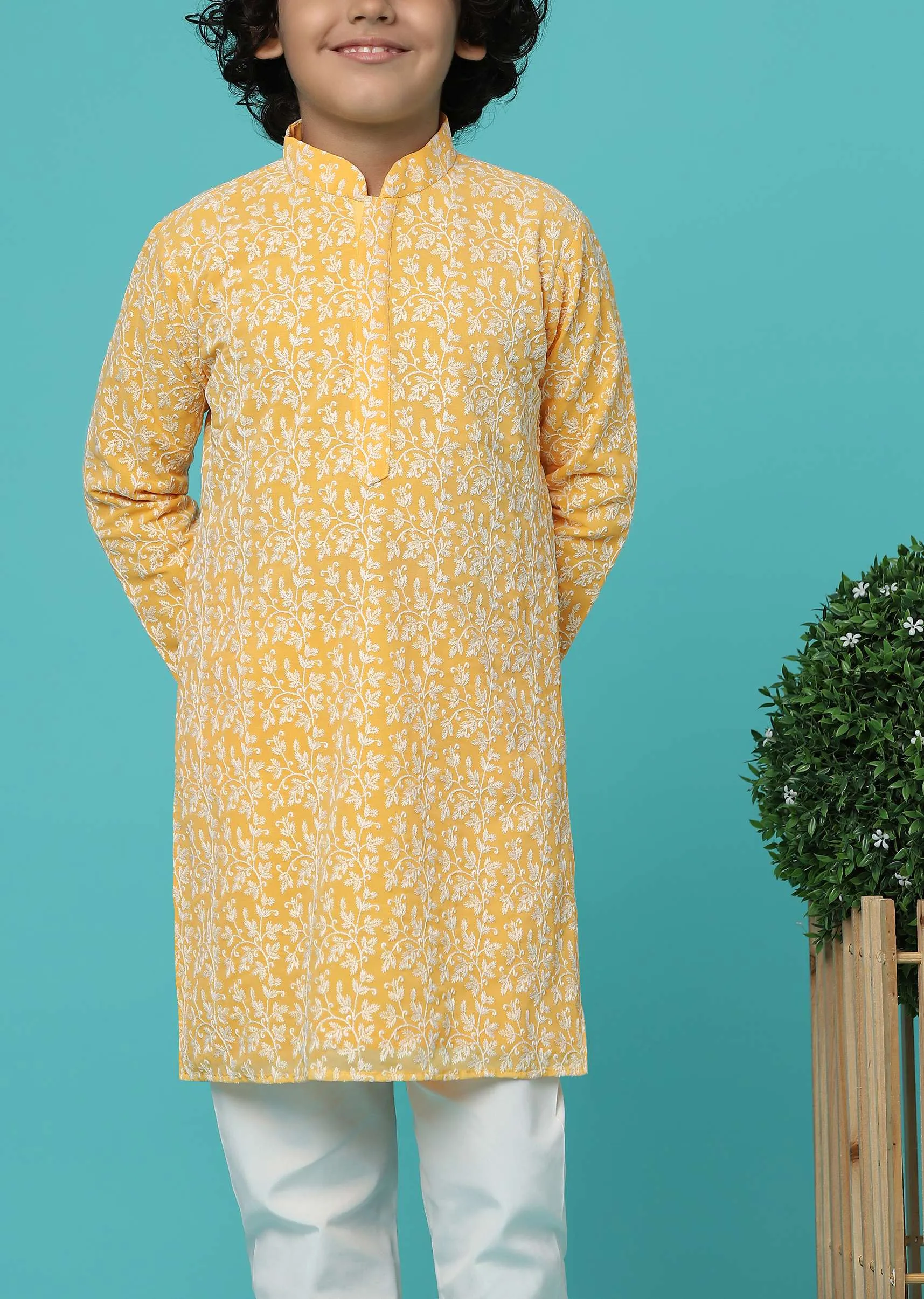 KALKI Mustard Yellow Kurta Set With Threadwork For Boys