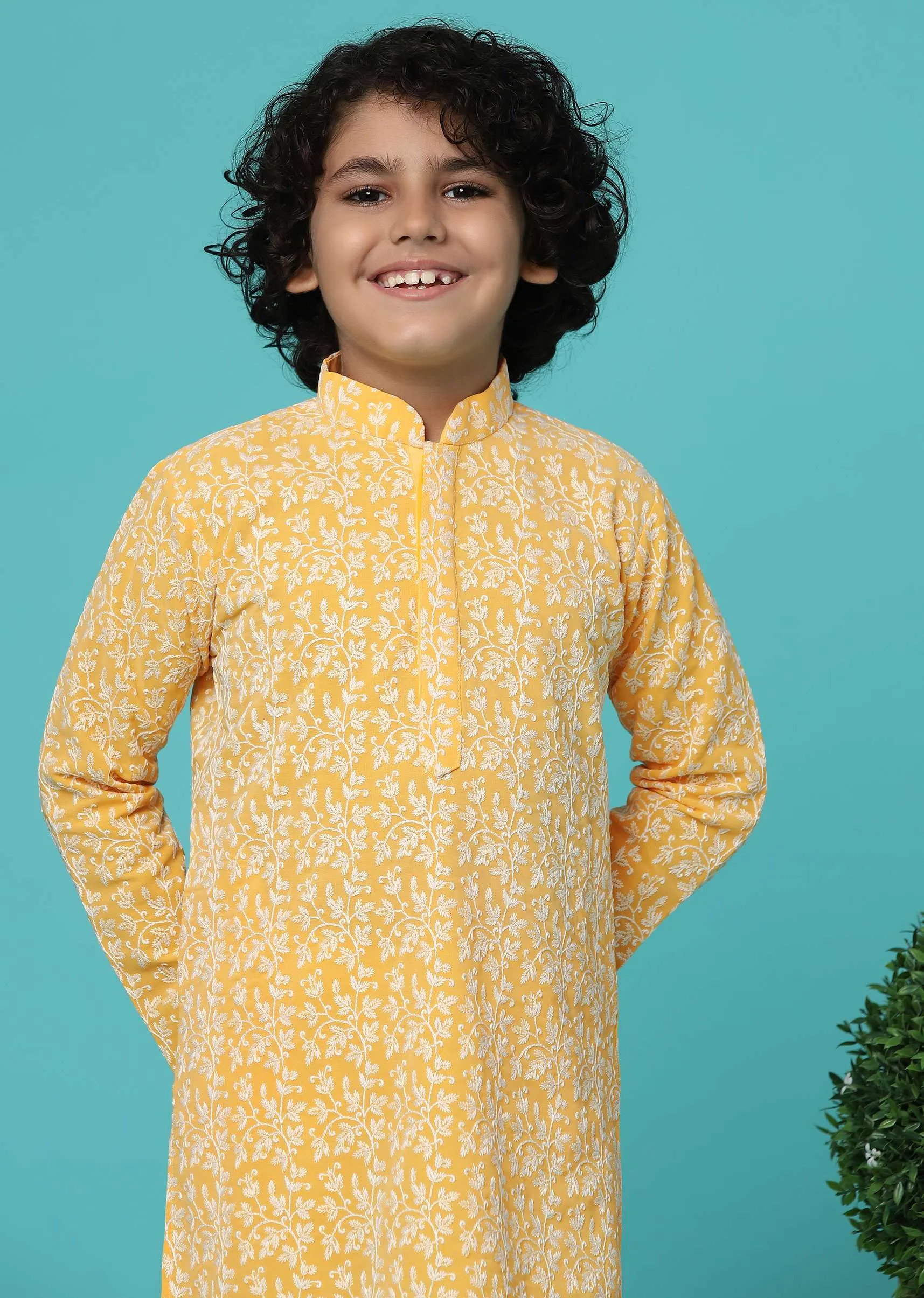 KALKI Mustard Yellow Kurta Set With Threadwork For Boys