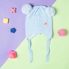 Knit Woollen Cap With Tie Knot For Ear Protection Solid Blue