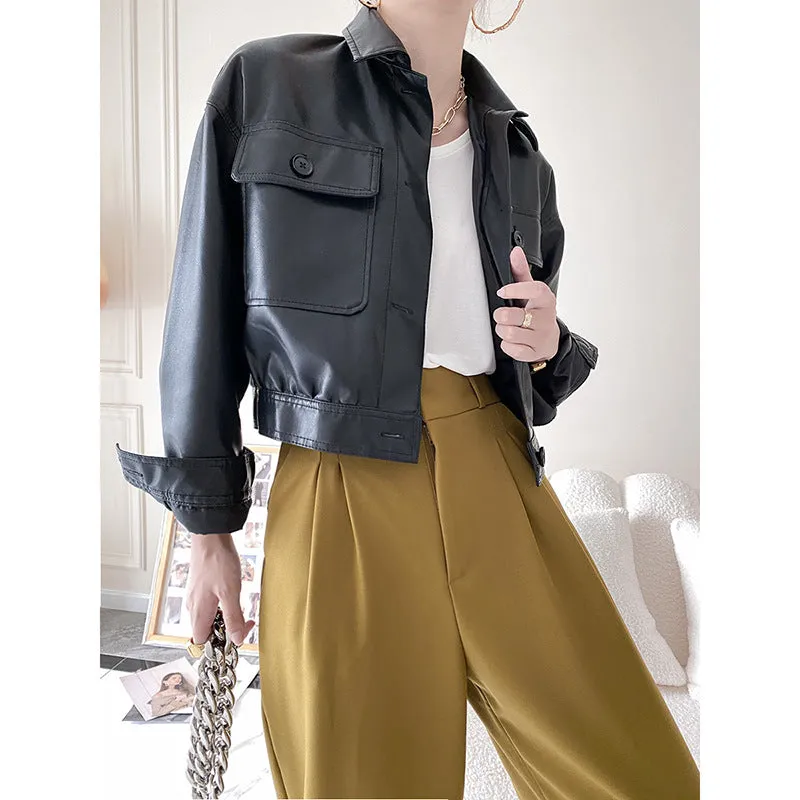 Lapel Collar Leather jacket women