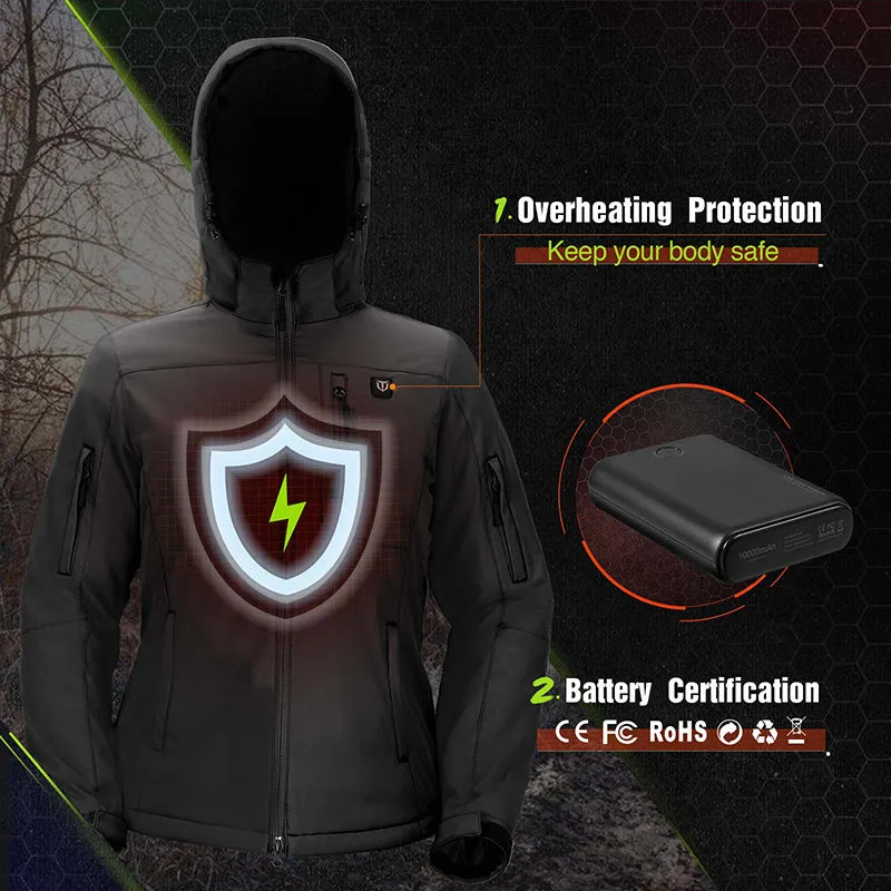 Men's Soft Shell Heated Jacket Coat with Detachable Hood and Battery Pack Size S-XXXL