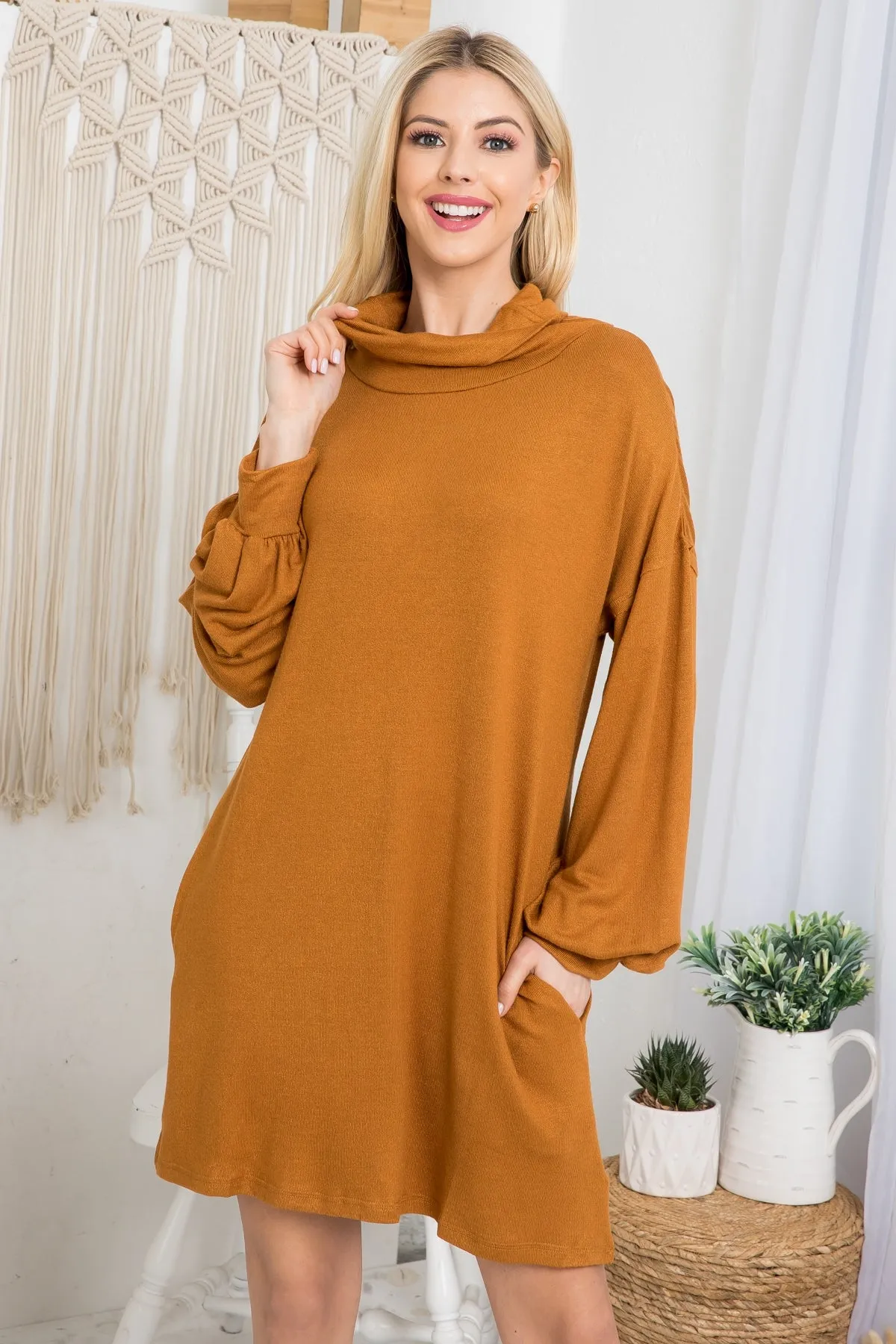 MUSTARD COWL NECK WITH BOTTOM SIDE POCKET CUFFED LONG SLEEVE BABYDOLL DRESS